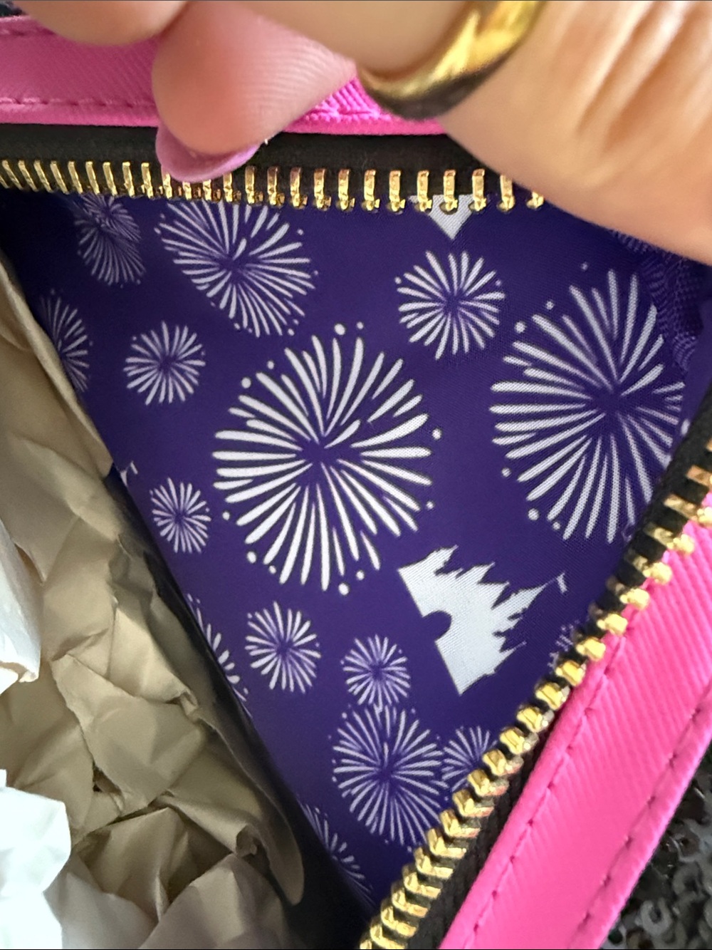 RARE Disney Black Sequin Mini Backpack with Pink Trim and Multicolor Fireworks - Picture 3 of 3